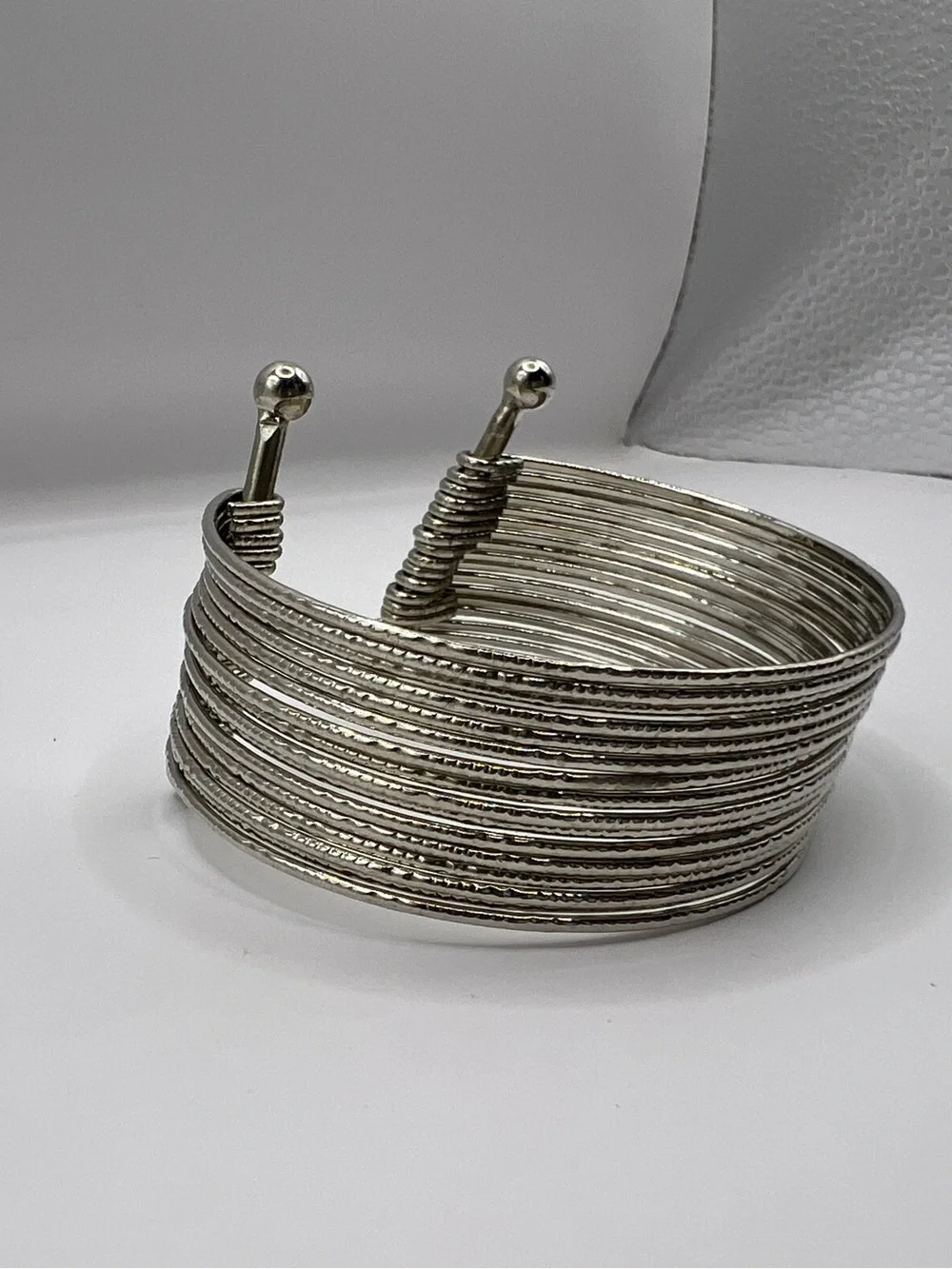 Vintage Silvertone Textured Multi-Strand Slinky Coiled Cuff Bracelet